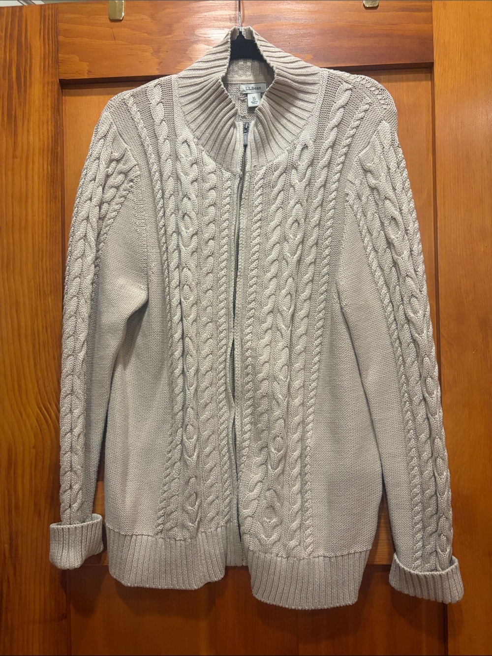 L.L. Bean Women's Light Beige Cable Zip Cardigan